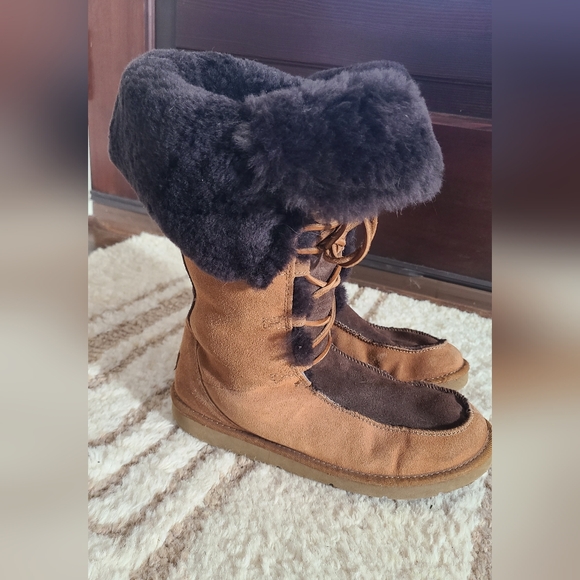 UGG Whitley Moccasin Boots Chestnut Suede Leather Tall Size 9 - Picture 4 of 7